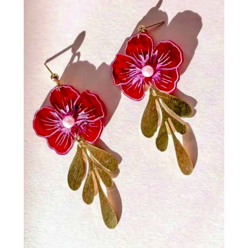 NEW! Red/Pink Camilla Earrings with Faux Pearl and Gold Tone Finish 2.95 inches - Picture 7 of 8